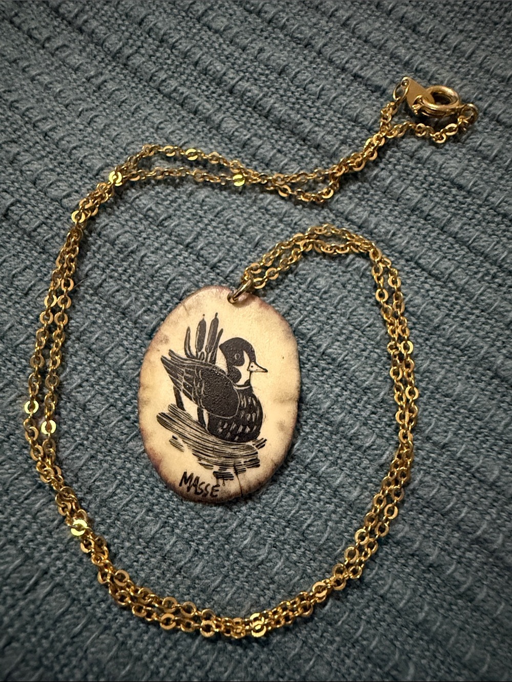Vintage Len Masse Goose Etched on Antler Pendant - signed